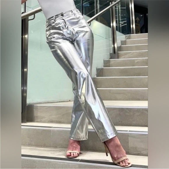 NWT 7 For All Mankind Silver Foil Vegan Leather Straight Leg Pants size L - Picture 2 of 10